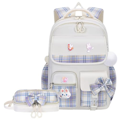 NSEQB Girls Backpack,Kids School Backpack With Lunch Box Pencil Case Set,Cute Childrens Schoolbag For Girls - color: Beige-2PCS