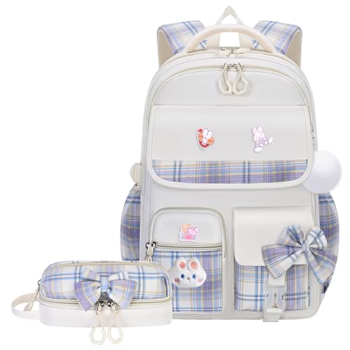 NSEQB Girls Backpack,Kids School Backpack With Lunch Box Pencil Case Set,Cute Childrens Schoolbag For Girls - color: Beige-2PCS