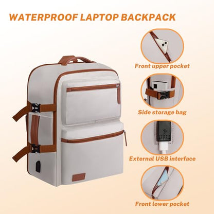 Expandable Travel Backpack Women Men with USB Charging Port, 15.6 Inch Laptop Backpack Waterproof Carry on Flight Approved for Travel Work Hiking College, Beige - color: Beige