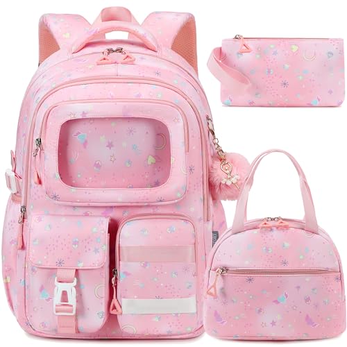 AO ALI VICTORY Backpack for Girls with Lunch Bag Pencil Case Kids School Bags for Kindergarten Elementary Middle Primary Schoolbag Cute 16 inch Laptop Bookbag Students 3 PCS Cute Bookbag, Pink Set - color: Pink Set