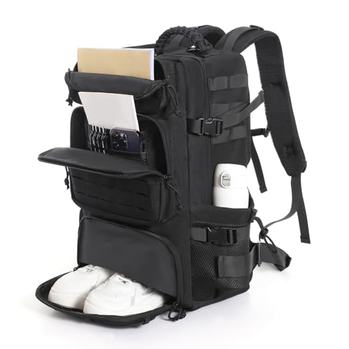 35L Tactical Backpack with Shoe Compartment & Molle Admin Pouch Combo – 1000D Water Resistant Military Backpack for Laptop 15.6” + Laser Cut EDC Tool Organizer Bag – Outdoor Hiking Gym Assault
