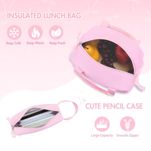 Kids Backpack for Girls - 3PCS Cute Embroidered Bow Girls Backpack with Insulated Lunch Bag & Pencil Case - Bookbag for Teen Women Middle High School College Work Travel Daypack - color: Pink