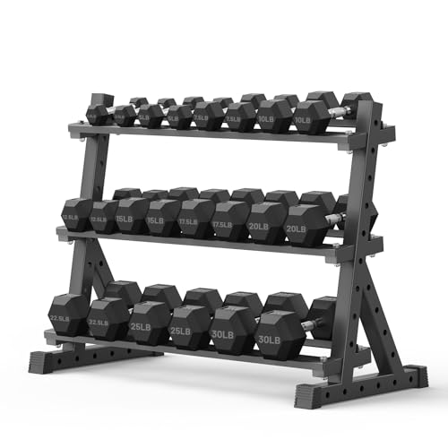 PAPABABE Hex Dumbbell Set with Rack, Rubber Encased Free Weight with Weight Storage Racks, Multiple Weight Options for Home Gym and Fitness - style: 335LB with 3-Tier Weight Rack