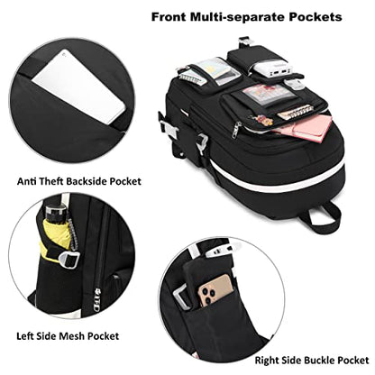 Backpack for Girls with Accessories Laptop Bookbags 16 Inch Kawaii Kids Elementary Middle High School Bag College Travel Daypack Gifts for Teens Women Students (Black) - color: Black