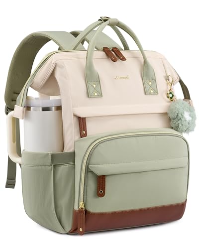 LOVEVOOK Laptop Backpack for Women, 15.6 Inch Work Business Backpacks Purse With Large Capacity, Waterproof Nurse Bag College Bookbag for School, Waterproof Casual Daypack for Travel - color: Green-cream-brown, size: 15.6 INCH