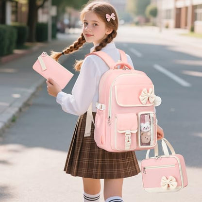 GeeWin Girls Backpack for School with Lunch Box & Pencil Case Set, 17 Inch Waterproof Cute Bow Girls Bookbag for Kids, Teens, Elementary Middle High College School Student (Pink/Beige) - color: Pink Beige