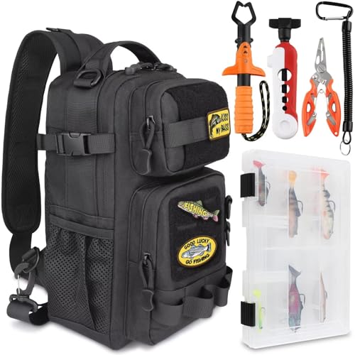 Dovesun Small Fishing Backpack Fishing Sling Bag with 3600 Tackle Box Small Tackle Backpack with Tool Set Black - color: B: Fishing Tackle Backpack With Tool Set(black)