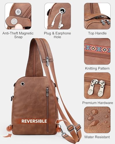 FADEON Large Sling Bag for Women, Designer Leather Crossbody Purse Convertible Sling Backpack, Anti Theft Daypack for Travel - color: 1 Brown Retro Style
