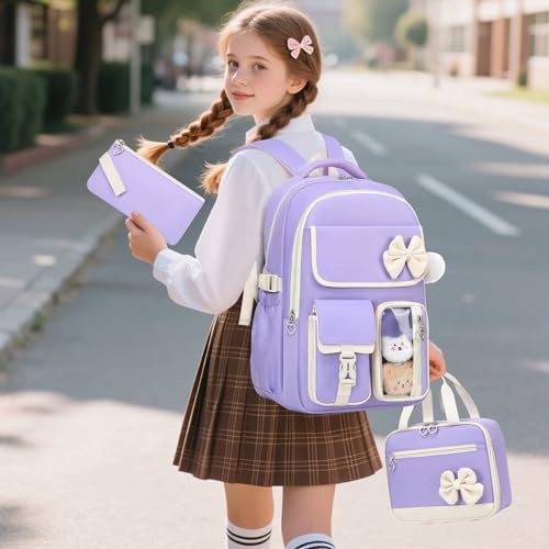 GeeWin Girls Backpack for School with Lunch Box & Pencil Case Set, 17 Inch Waterproof Cute Bow Girls Bookbag for Kids, Teens, Elementary Middle High College School Student (Purple/Beige) - color: Purple Beige