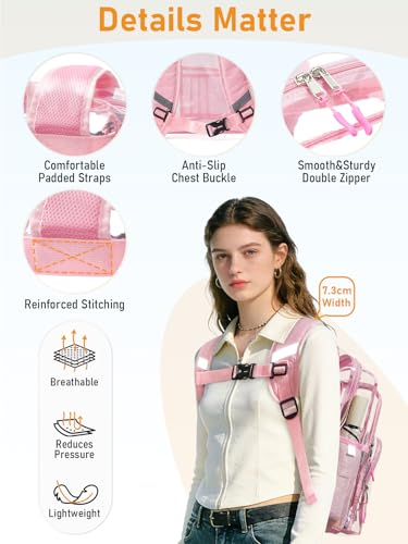 Double-Layer Clear Backpacks 17 Inch Large Clear School Book Bag - color: Pink