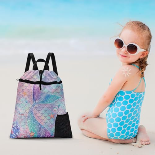 Mermaid Tail Drawstring Backpack, 15” x 17” Waterproof Swim Bag for Beach Swimming Pool, Lightweight Foldable Gym Bag with Water Bottle Holder for Sports Travel - color: Mermaid