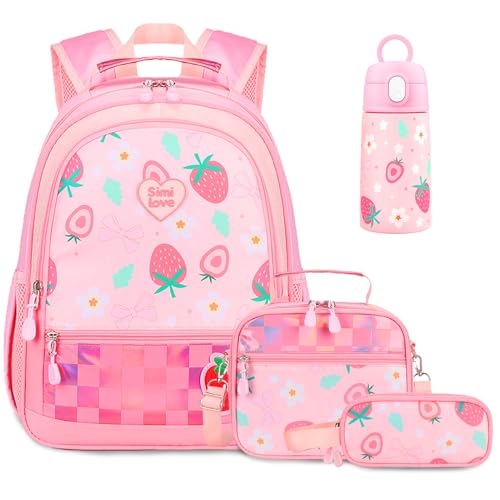 Kids Backpack for Girls 5-8, 4PCS Toddler Backpack with 13oz Kids Insulated Water Bottle, Lunch Box and Pencil Case, Girls Bookbag Schoolbag for Primary Kindergarten Elementary School - color: Strawberry Pink