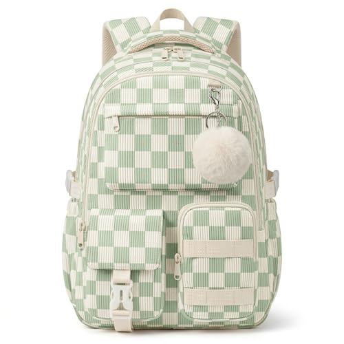 Corduroy Backpack for Teen Girls, Aesthetic Cute Green Gingham School Backpack with Multi-Pocket, Lightweight Bookbag Fits 15.6 Inch Laptop, Large Capacity Casual Daypack for School Travel - color: Green Gingham