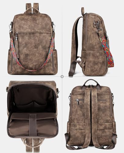 FADEON Leather Laptop Backpack for Women Designer 15.6 inch PU Laptop Bag, Ladies Travel Computer Work Backpack Grey - color: Coffee Brown