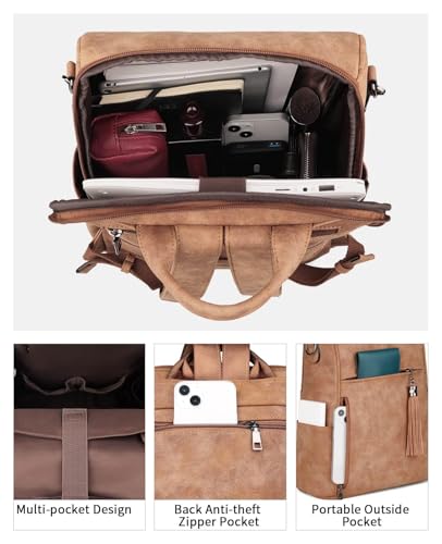 FADEON Leather Laptop Backpack for Women Designer 15.6 inch PU Laptop Bag, Ladies Travel Computer Work Backpack Brown - color: Camel Brown Suede Style