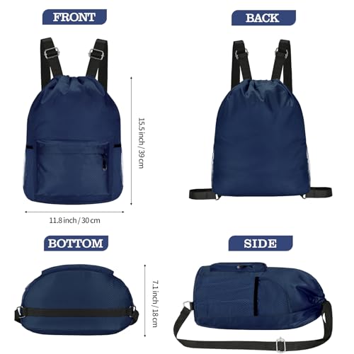 Waterproof Drawstring Bag, Lightweight String Backpack with Water Bottle Holder and Pockets, Gym Sports Cinch Sackpack (Blue) - color: Blue