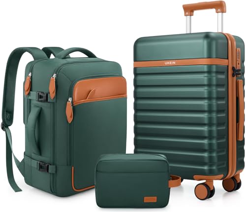 UKEIN Luggage Sets 3 Piece, Carry On Luggage 20In With Spinner Wheels,PC Hardside Suitcase Set with TSA Lock,Durable Carry On Suitcase With Travel Backpack for Men (Green, 3 piece set (20inch)) - color: Green, size: 3 piece set (20inch)