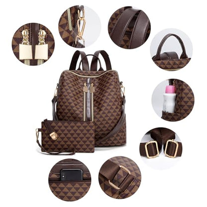 Makes Backpack Purse for Women PU Leather Travel Satchel Handbag Convertible Design Bag with Purse 2 Piece - color: Brown