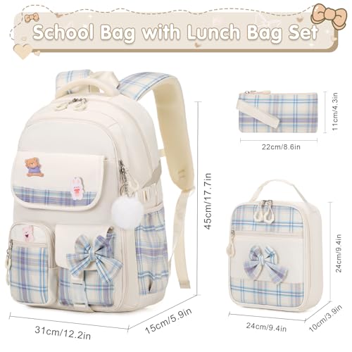 ACESAK Girls Backpack - 3PCS Backpack for Girls Cute School Backpacks for Kindergarten Elementary Preschool Middle Kids School Bags with Lunch Box Pencil Case Set (Beige) - color: Beige