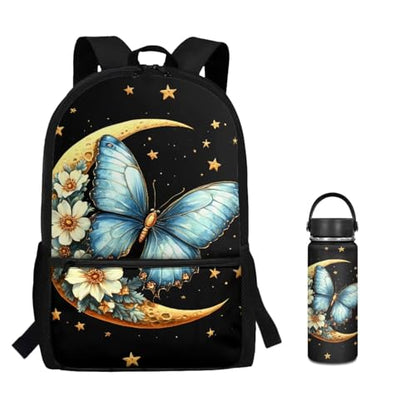ZOUTAIRONG Backpack for School Lightweight Small Thermos School Bags for Boys Girls 7-10/10-12/12-16, Blue Butterfly Moon Flower Large Capacity Casual Backpack with Side Pockets - color: Blue Butterfly Moon Flower
