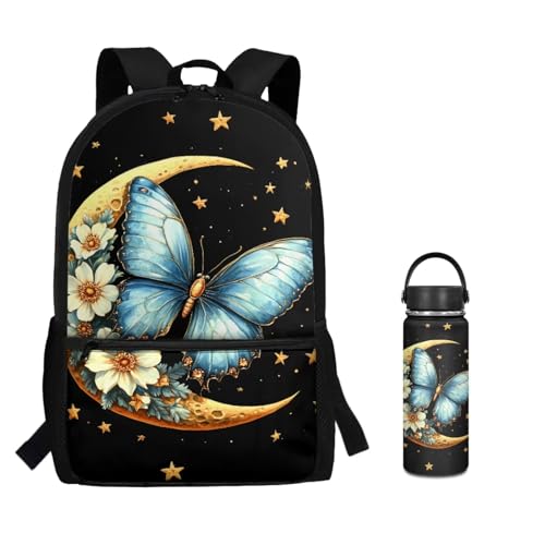 ZOUTAIRONG Backpack for School Lightweight Small Thermos School Bags for Boys Girls 7-10/10-12/12-16, Blue Butterfly Moon Flower Large Capacity Casual Backpack with Side Pockets - color: Blue Butterfly Moon Flower