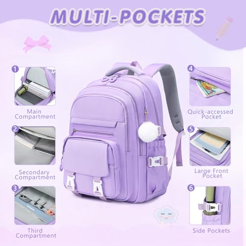 GeeWin Girls Backpack, 15.6" Laptop Backpack Schoolbag for Girls Teens Kid Children Elementary Middle School Student, Waterproof Stylish Girl Bookbag with Insulated Lunch Bag & Pencil Bag (Purple) - color: Purple Buckle
