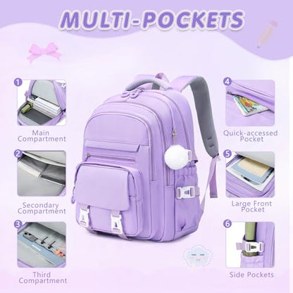 GeeWin Girls Backpack, 15.6" Laptop Backpack Schoolbag for Girls Teens Kid Children Elementary Middle School Student, Waterproof Stylish Girl Bookbag with Insulated Lunch Bag & Pencil Bag (Purple) - color: Purple Buckle