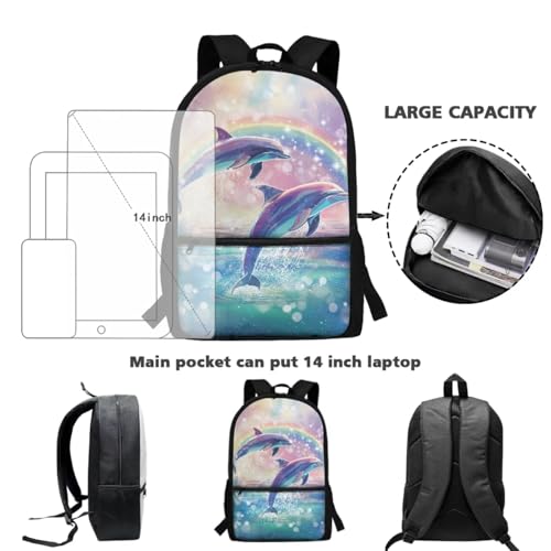 ZOUTAIRONG Rainbow Dolphins School Bags and Mini Water Bottle Large Capacity Bookbags Set Casual Backpack with Side Pockets for Small Thermos - color: Rainbow Dolphins