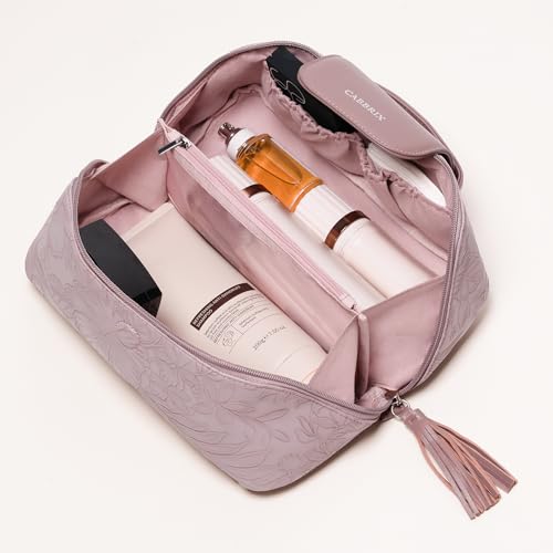 Cabbrix Travel Makeup Bag, Extra Large Capacity 3 Pcs Set Cosmetic Bag for Women, Waterproof PU Leather, Flat Open Portable Toiletry Bag for Skincare, Brushes & Travel Essentials (Purple) - color: Purple