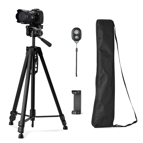 Amazon Basics 60" Lightweight Tripod for Camera and Phone with Travel Bag, Remote Control, Phone Holder, Height Adjustable, Flexible Positioning, Wireless Capability, Aluminum, Black - size: 60-in, style: Tripod with Remote & Phone Holder
