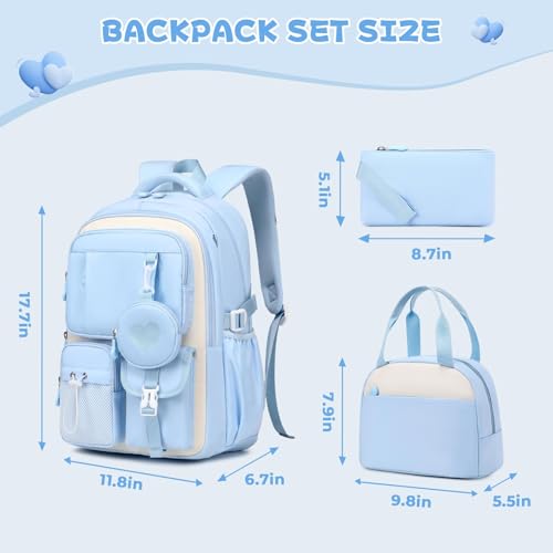 MOONBABY Girls Backpack, Kids Backpack for Girls, School bag for Primary Elementary Teenage, Middle School Students Bookbag - color: 3pcs-blue