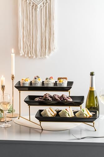 LYEOBOH 3 Tier Serving Tray Set, Tiered Serving Stand with Platters, Serving Dishes for Entertaining Halloween Christmas Party, Collapsible Sturdier Stand & 14 Inch Large Platters for Food Display - color: Black, style: 14inch Rectangle platter