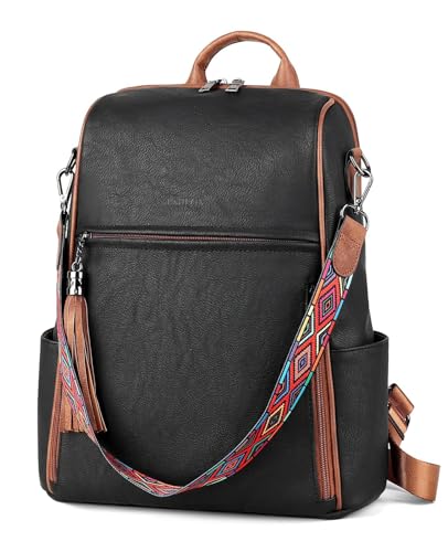 FADEON Leather Backpack Purse for Women Designer Travel Backpack Purses PU Fashion Ladies Shoulder Bag with Tassel - color: 1 Retro Black With Brown