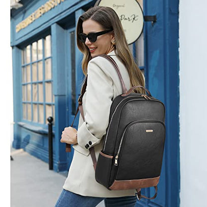 CLUCI Leather Backpack for Women 15.6 inch Laptop Backpack Purse Computer Backpack for Travel Airplane Casual Daypack Beige with Brown - color: Black With Brown