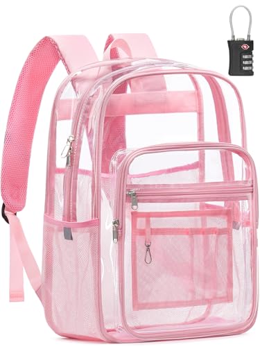 Clear Backpack Heavy Duty With A TSA Lock, 18 Inch Large Clear Back pack, Transparent See Through Bookbag for College, Work, Travel, Sport- Pink - color: Pink