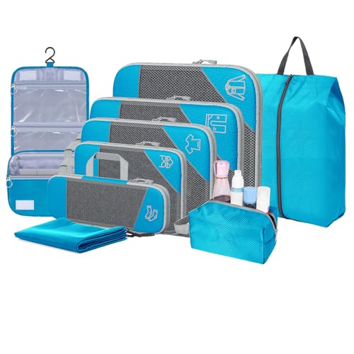 9-Set Packing Cubes with Hanging Bag | 9-Size Combination, Mesh Fabric & Reflective Stripe | Travel Luggage Organizers (sky blue) - color: sky blue