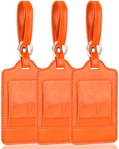 3 Pack Luggage Tags - Quick Install, Privacy Protection, Airplane Travel Essentials for Suitcases, Durable Leather - Orange - color: Orange