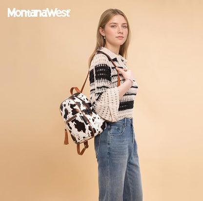 Montana West Mini Backpack Purse for Women Anti Theft Backpacks with Secured Zipper and Tassel - color: Mini Cow Print Brown