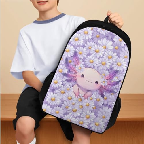 Flashideas Daisy Axolotl Backpack for Girls Kids Backpack with Lunch Box Stainless Steel Water Bottle and Water Bottle Bag 4Pcs Set 17" Large Capacity Elementary Bookbag with Compartments for School - color: Daisy Axolotl-4