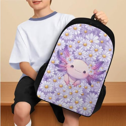 Flashideas Daisy Axolotl Backpack for Girls Kids Backpack with Lunch Box Stainless Steel Water Bottle and Water Bottle Bag 4Pcs Set 17" Large Capacity Elementary Bookbag with Compartments for School - color: Daisy Axolotl-4