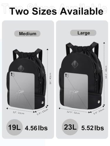 RHDZO Drawstring Backpack with Shoe Compartment and Wet Pocket, Large Black - color: Large Black, size: Large
