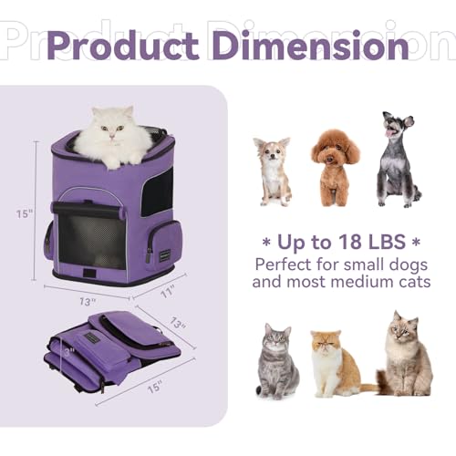 PETSFIT Dog Backpack Carrier with Upgraded Waist Protection, Pet Carrier Backpack Designed for Small Dogs/Cats, Fully Ventilated Collapsible Cat Backpack for Outdoor Traveling Hiking Camping Purple - color: Purple