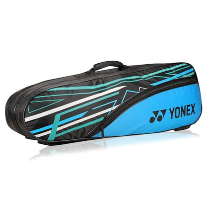 Yonex Stylish Badminton Kit-Bag |Double Zipper Compartment for Storage of 6 Rackets and Clothes|Side Pocket |Back Straps |Accessories Compartment |Made in India - color: BLACK SKY BLUE