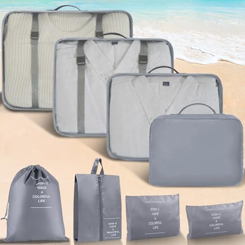 8 Set Packing Cubes For Travel-Travel Essential Carry On Luggage Organizer,Bring Laundry Bag, Shoe Bag, Clothing And Underwear Bag (Grey) - color: Grey