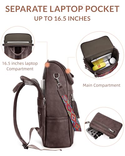 SYTRAH Leather Laptop Backpack for Women Designer Laptop Bag, 16.5 inch Travel Computer Backpacks Purse with Tassel for Work Business with Satchel Purse Dark Coffee - color: Dark Coffee
