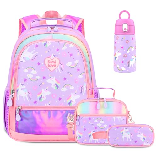 Kids Backpack for Girls 5-8, 4PCS Toddler Backpack with 13oz Kids Insulated Water Bottle, Lunch Box and Pencil Case, Girls Bookbag Schoolbag for Primary Kindergarten Elementary School - color: Purple Unicorn