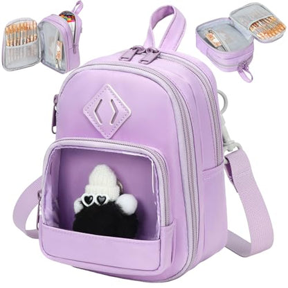 Large Capacity Kids Backpack Pencil Case Pen Bag with Clear Pocket, Cute Kawaii Pen Pouch Organizer with Adjustable Strap & Plush Doll Keychain for School Girls Boys (Purple) - color: Purple