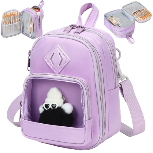 Large Capacity Kids Backpack Pencil Case Pen Bag with Clear Pocket, Cute Kawaii Pen Pouch Organizer with Adjustable Strap & Plush Doll Keychain for School Girls Boys (Purple) - color: Purple
