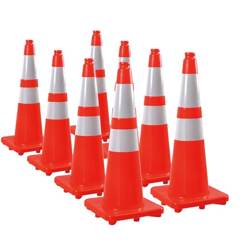 28" Traffic Cones (8 Pack) – Durable Orange PVC Safety Cones with Reflective Collars for Parking, Construction, Roadwork & Driving Practice - size: 28 inch -8Pack