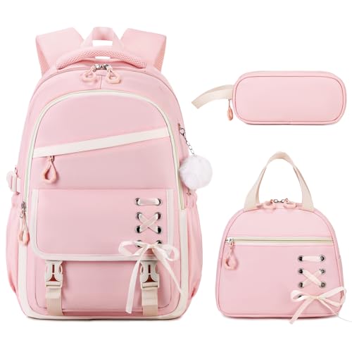 Scothen 3PCS Girls Backpack for School, Kids Backpack for Girls with Lunch Bag Pencil Case, Kids Bookbag Teen Backpacks for Elementary Middle High School (Pink) - color: Pink